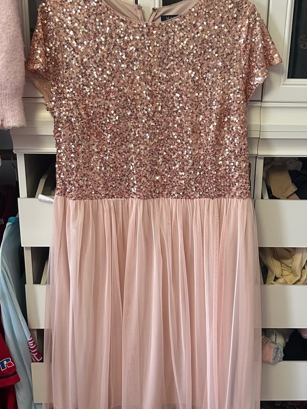 MARINA Rose Gold Sequin Bodice Midi Dress with Blush Tulle Skirt NWT
